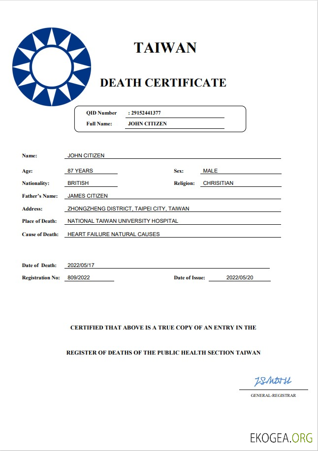 Modèle Word et PDF de certificat de décès de Taiwan